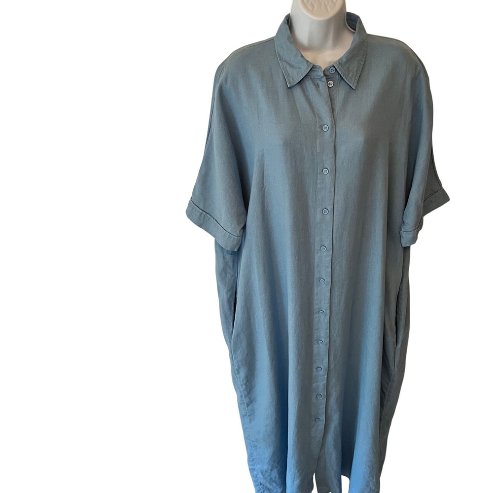COS Womens 100% Linen Short Sleeve Button Down Midi Shirt Dress Blue ScandiM